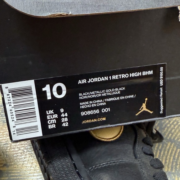 Nike Air Jordan 1 Hi Retro BHM 908656-001 10 Gold Black - Picture 9 of 9